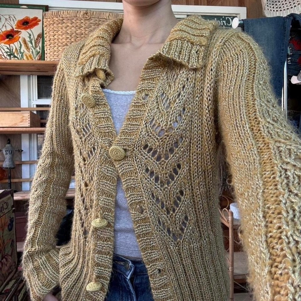 BCBGIRLS Gold Metallic Knit Cardigan Sweater Mustard Yellow Pointelle Button Up - Picture 2 of 8